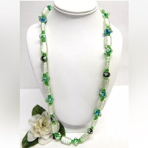 SILVER TONE, GREEN & BLUE FLORAL LAMPWORK ART GLASS BEAD NECKLACE 28"